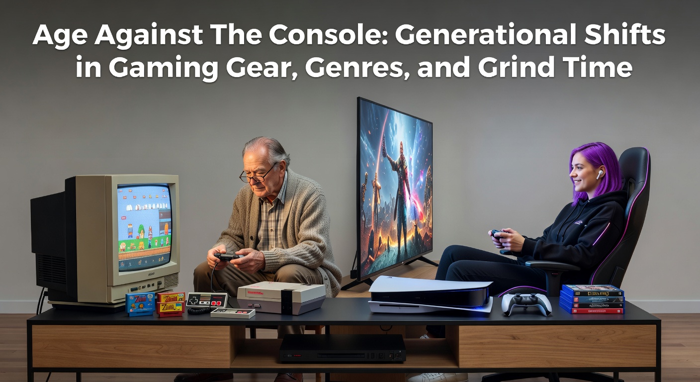 A split-image showing a young gamer on a mobile device next to an older player with a classic console controller, highlighting generational gaming contrasts