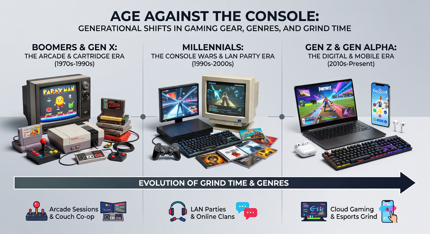 Graph charts displaying generational breakdowns of gaming session lengths, genre plays, and device usage over time