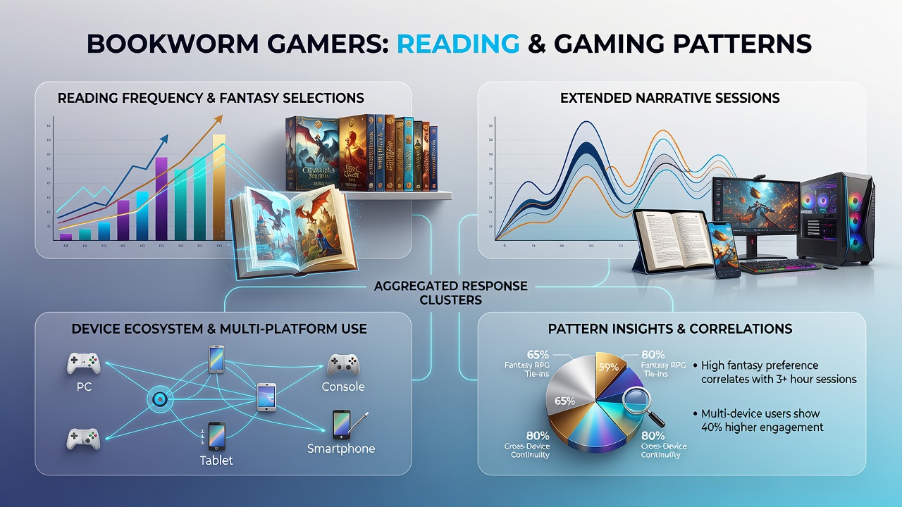 Survey data visualization showing connections between reading habits and fantasy gaming preferences across devices