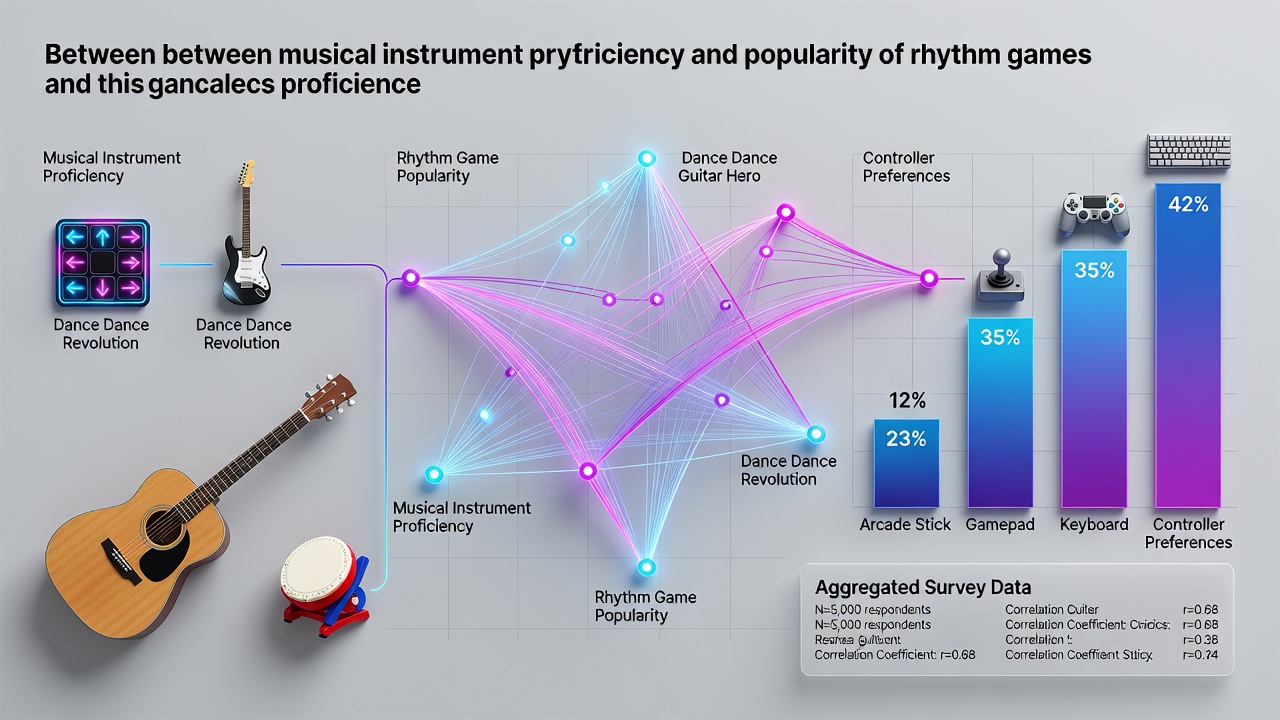 Survey charts showing correlations between musical training and rhythm game engagement levels across different player groups