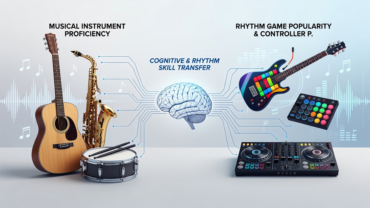 Bar graphs illustrating controller type selections among musicians versus non-musicians in rhythm game categories
