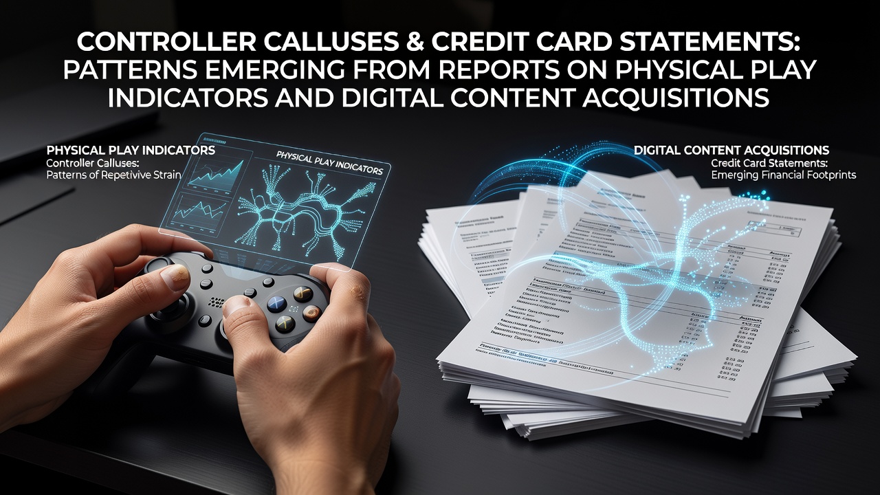Close-up view of a gamer's hands showing calluses on thumbs and palms from prolonged controller use next to a credit card statement on a desk