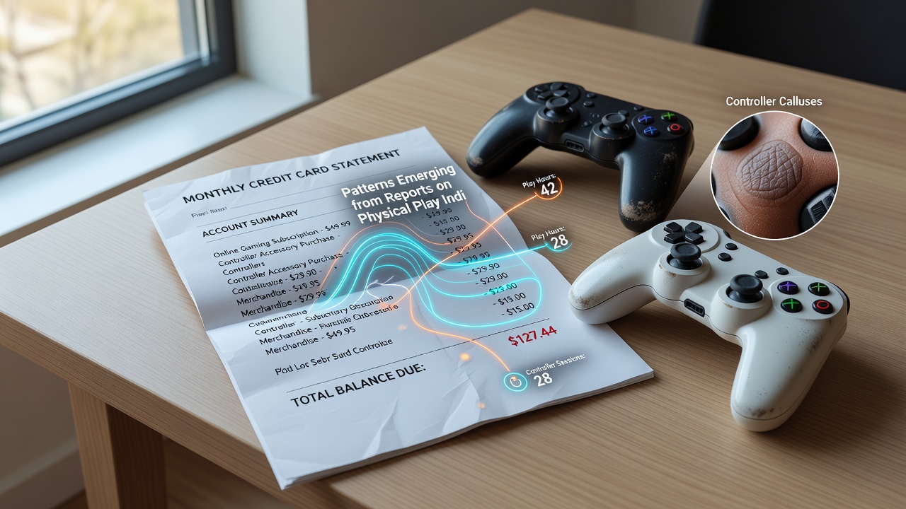 Split image showing a worn gaming controller beside printed credit card transaction logs highlighting digital game purchases