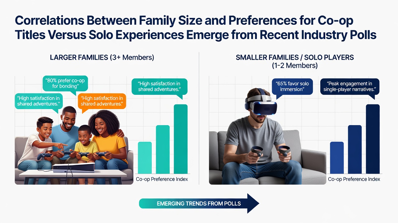 Survey data visualization showing family size distributions alongside co-op and solo game preference percentages from 2026 industry polls