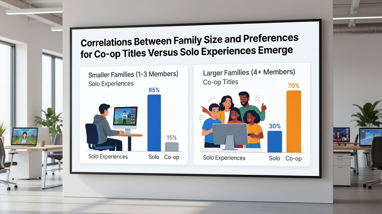Infographic breaking down co-op versus solo playtime percentages by number of children in household from recent 2026 surveys