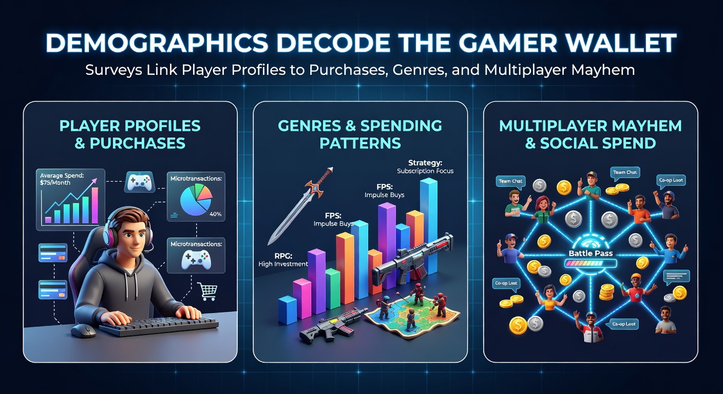 Diverse gamers analyzing data charts on screens, highlighting demographic links to gaming habits and spending