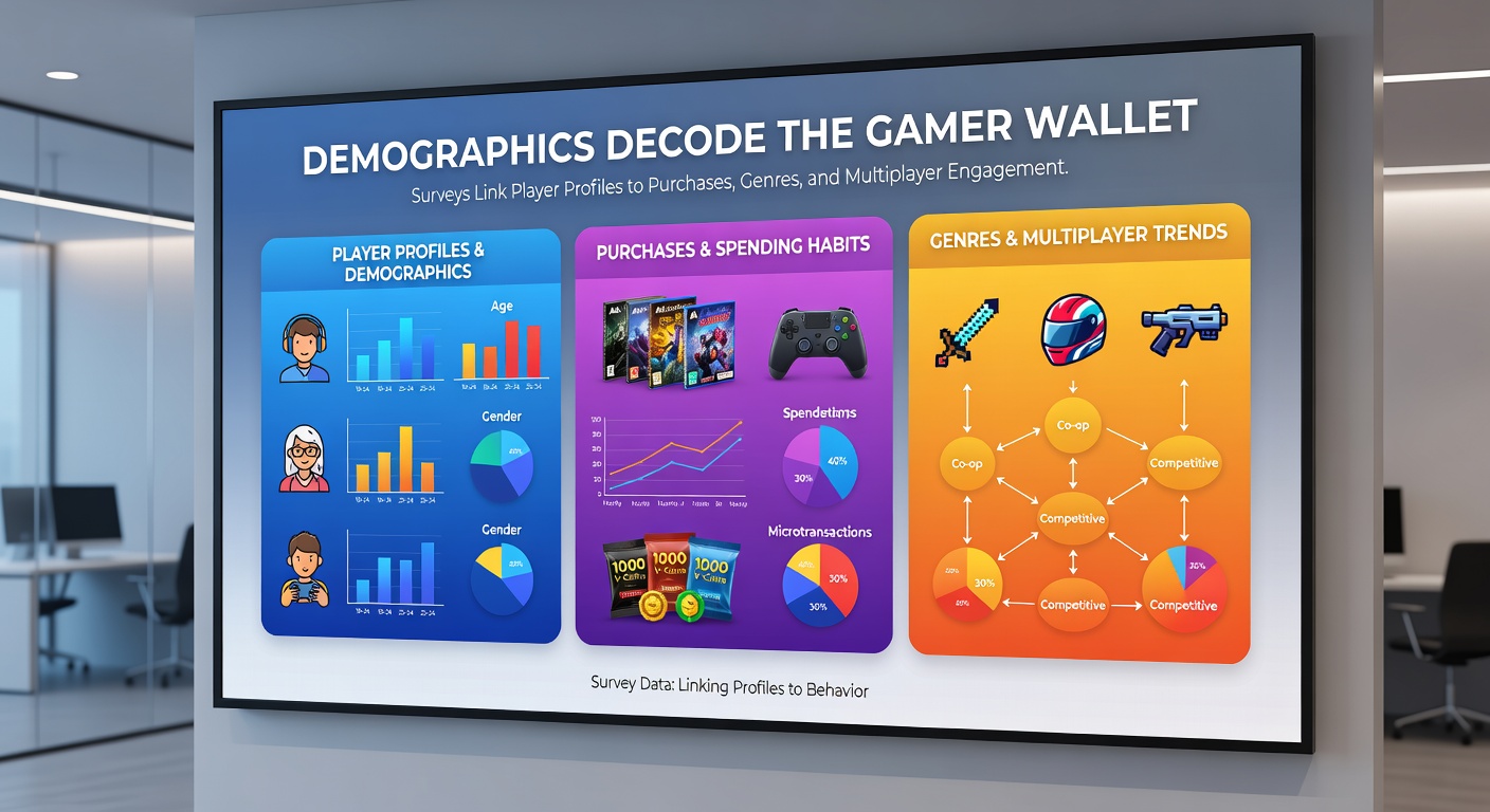 Charts and graphs displaying gender and age breakdowns in gaming genres, purchases, and multiplayer stats