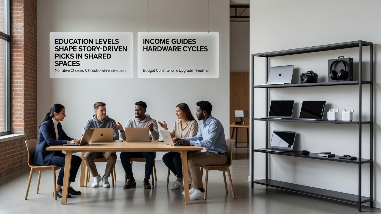 Charts displaying July 2026 polling results on education-driven story selections and income-based hardware patterns by geographic region