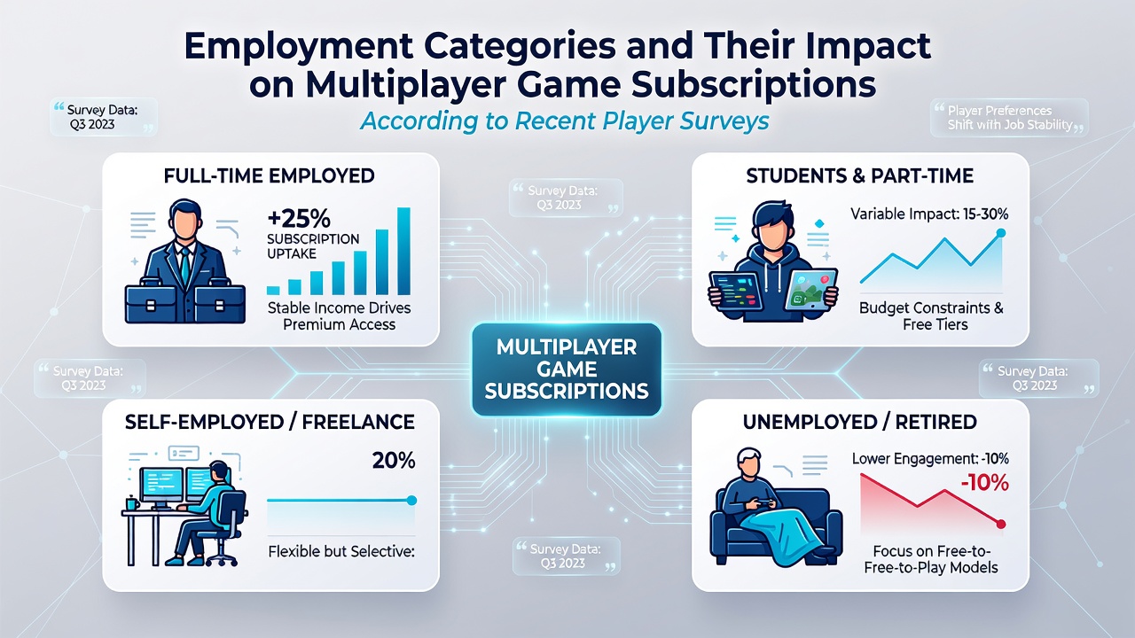 Survey charts showing employment status breakdowns and multiplayer subscription trends among gamers in 2026