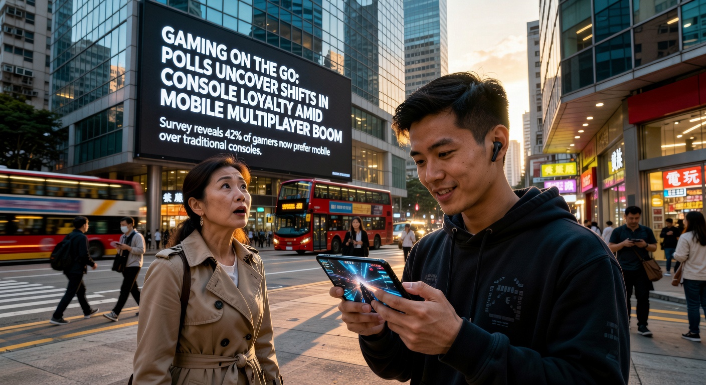 A vibrant scene of gamers huddled around smartphones in a park, playing intense multiplayer battles under sunny skies, highlighting the mobile gaming surge