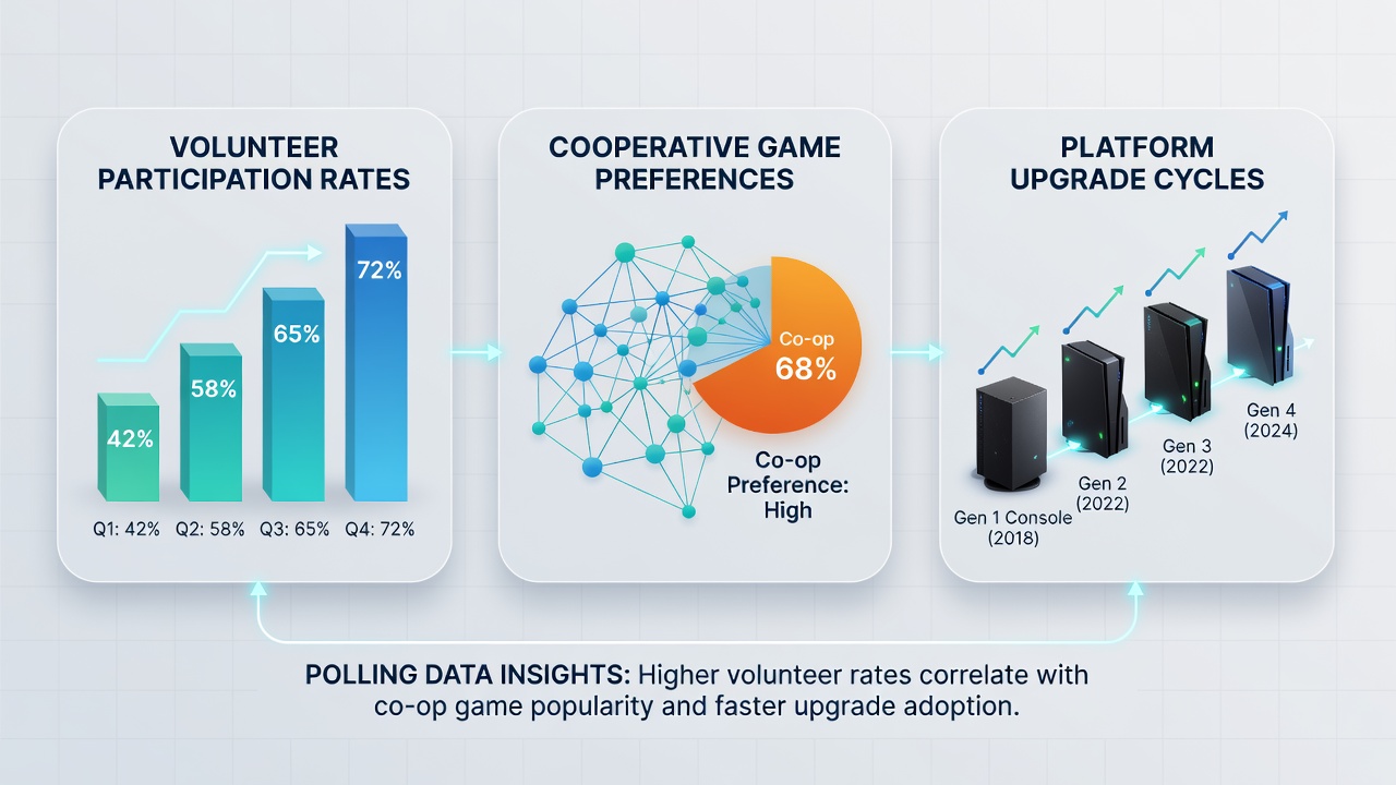 Survey charts displaying volunteer participation alongside cooperative gaming trends and hardware upgrade timelines from 2026 polls
