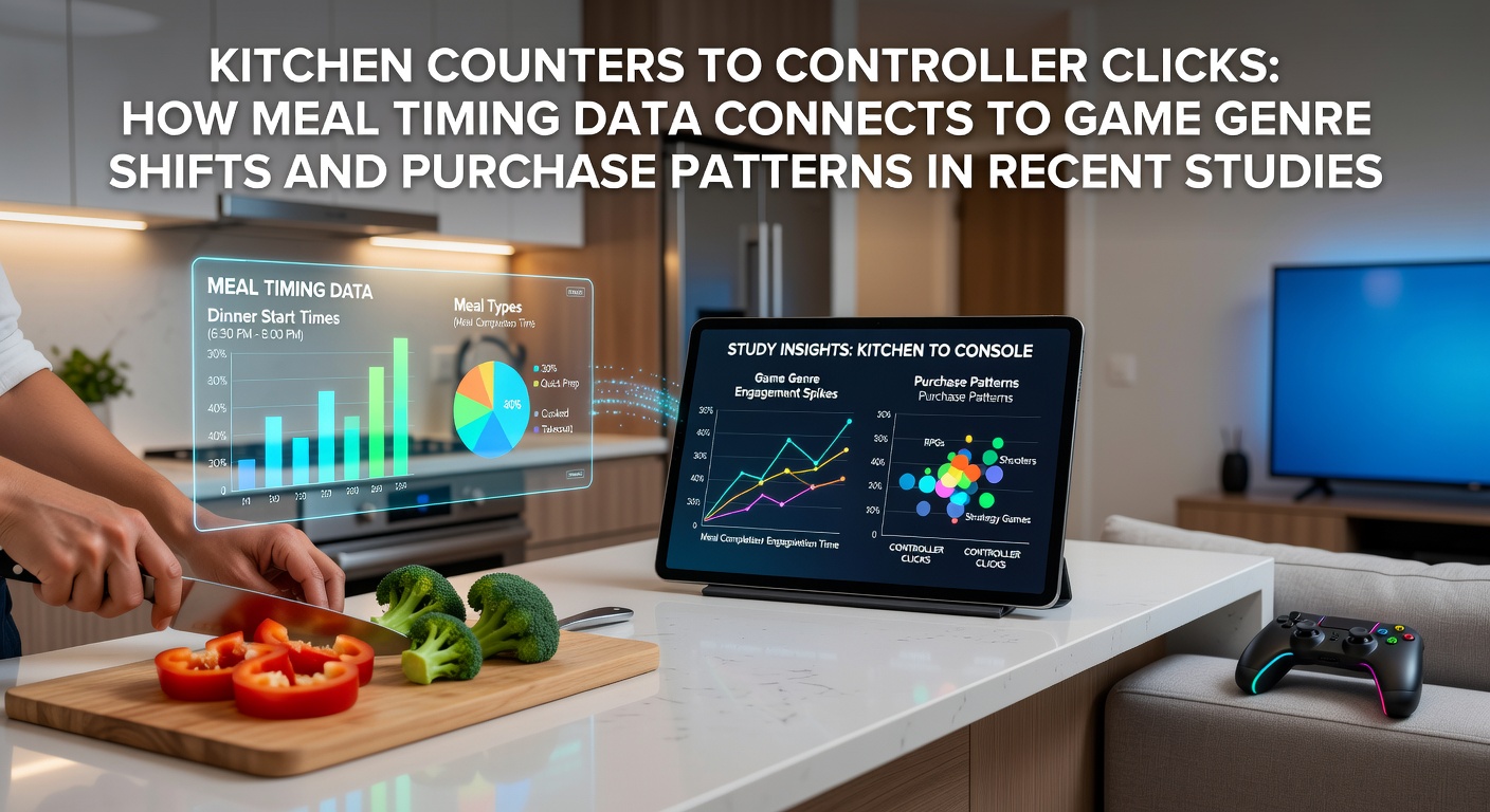 Researchers analyzing meal timing logs alongside gaming session data on digital dashboards