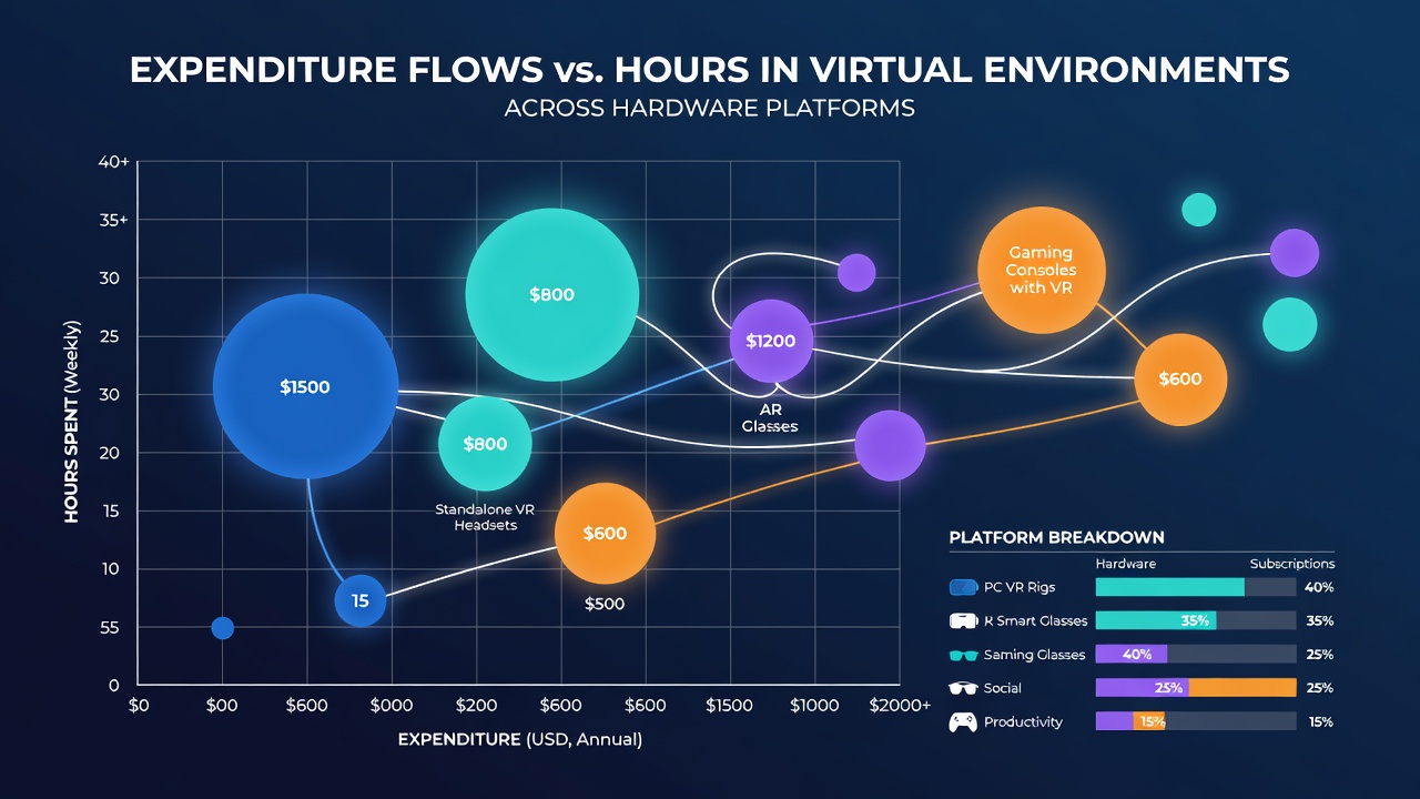 Infographic showing expenditure flows mapped against hours spent in virtual environments on different hardware platforms including PC, console, mobile, and VR headsets