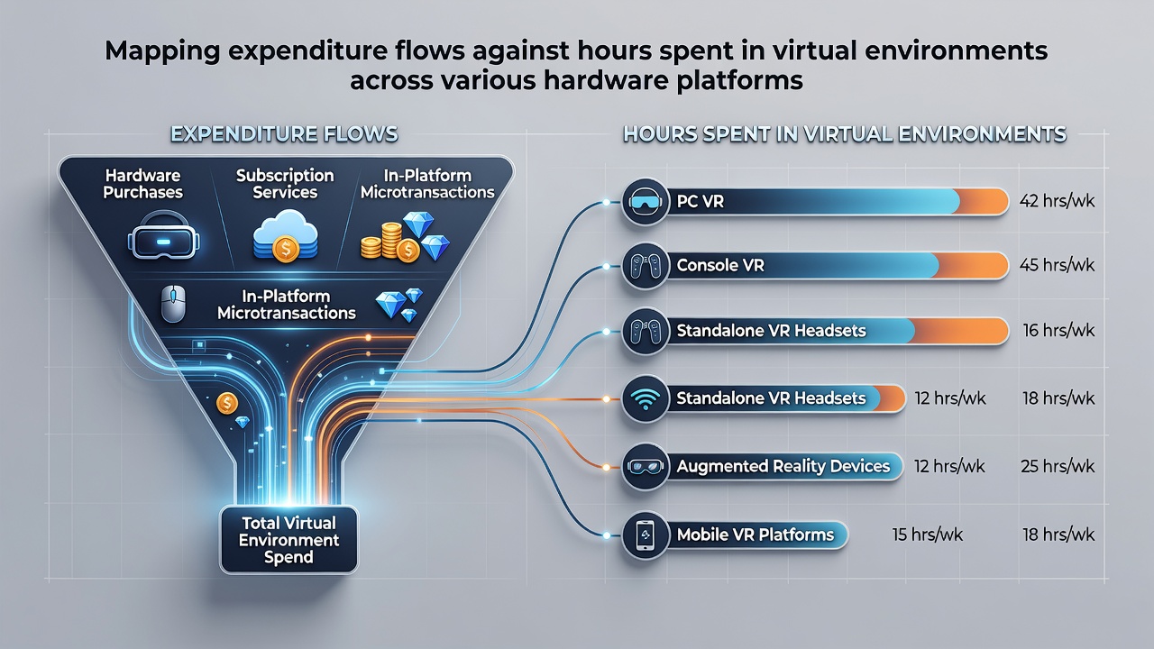 Chart illustrating regional spending patterns and time allocation across PC, console, mobile, and VR hardware in 2026 surveys