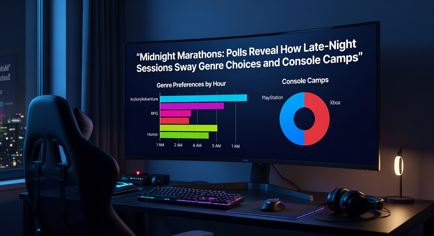 A dimly lit room where gamers huddle around screens during a midnight marathon session, controllers glowing in the dark