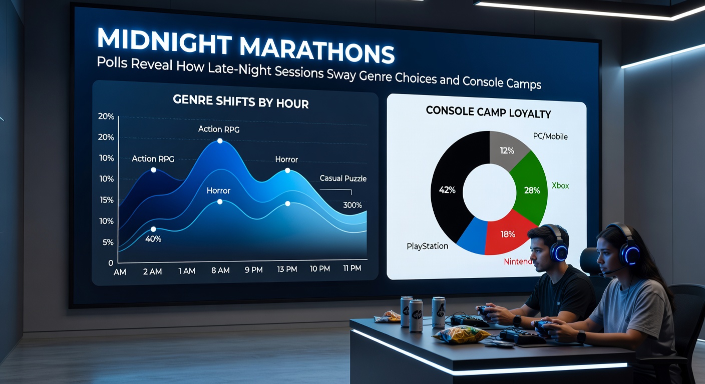 Split-screen view comparing console dashboards lit up at midnight, one showing shooter lobbies, the other RPG worlds