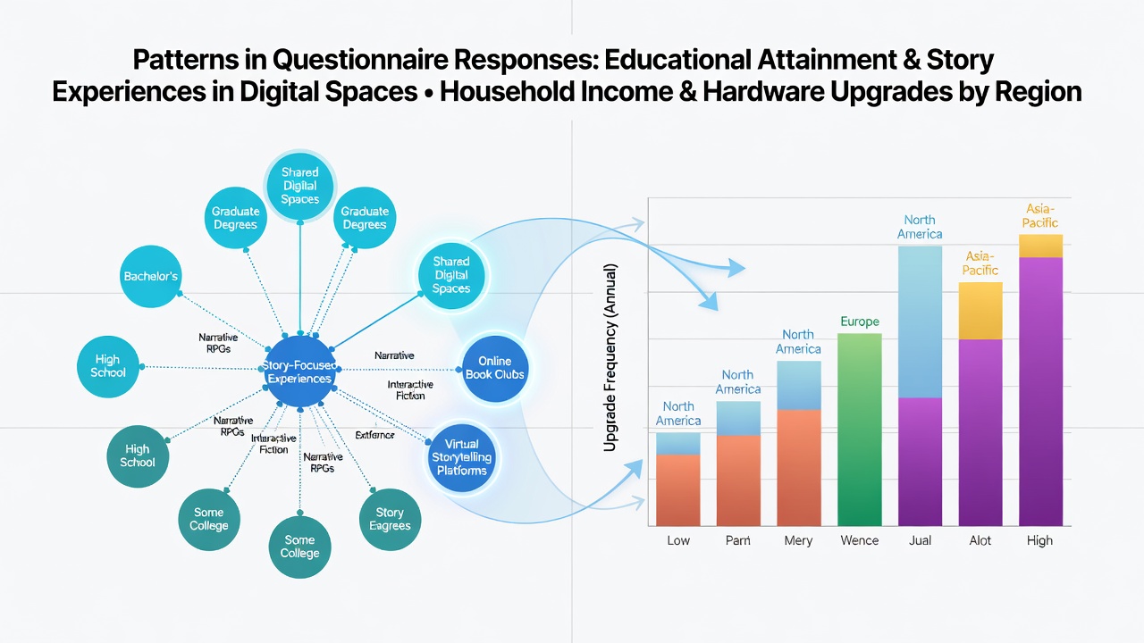 Survey respondents reviewing educational backgrounds alongside preferences for story-driven games in shared online spaces