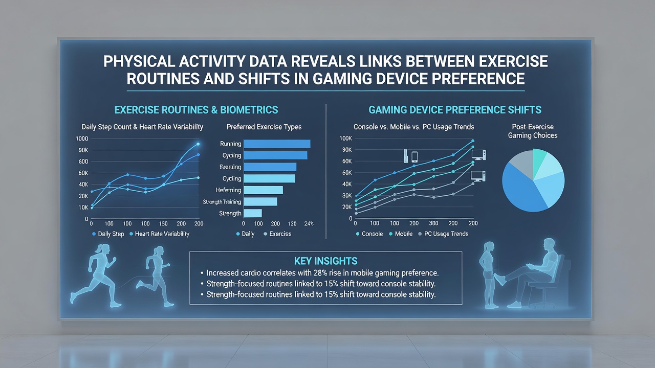 Infographic mapping exercise duration against preferred gaming platforms segmented by demographic clusters