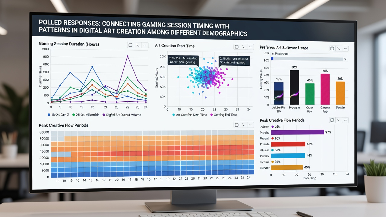 Bar charts and timelines illustrating income group differences in digital art creation following gaming sessions