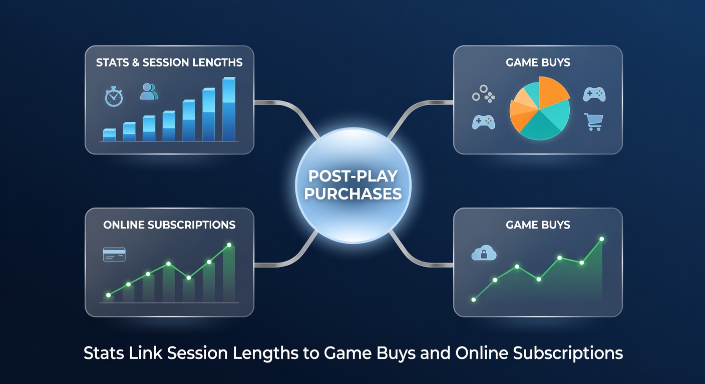 Graph showing correlation between gaming session lengths and in-game purchase rates, with bars rising sharply for sessions over two hours