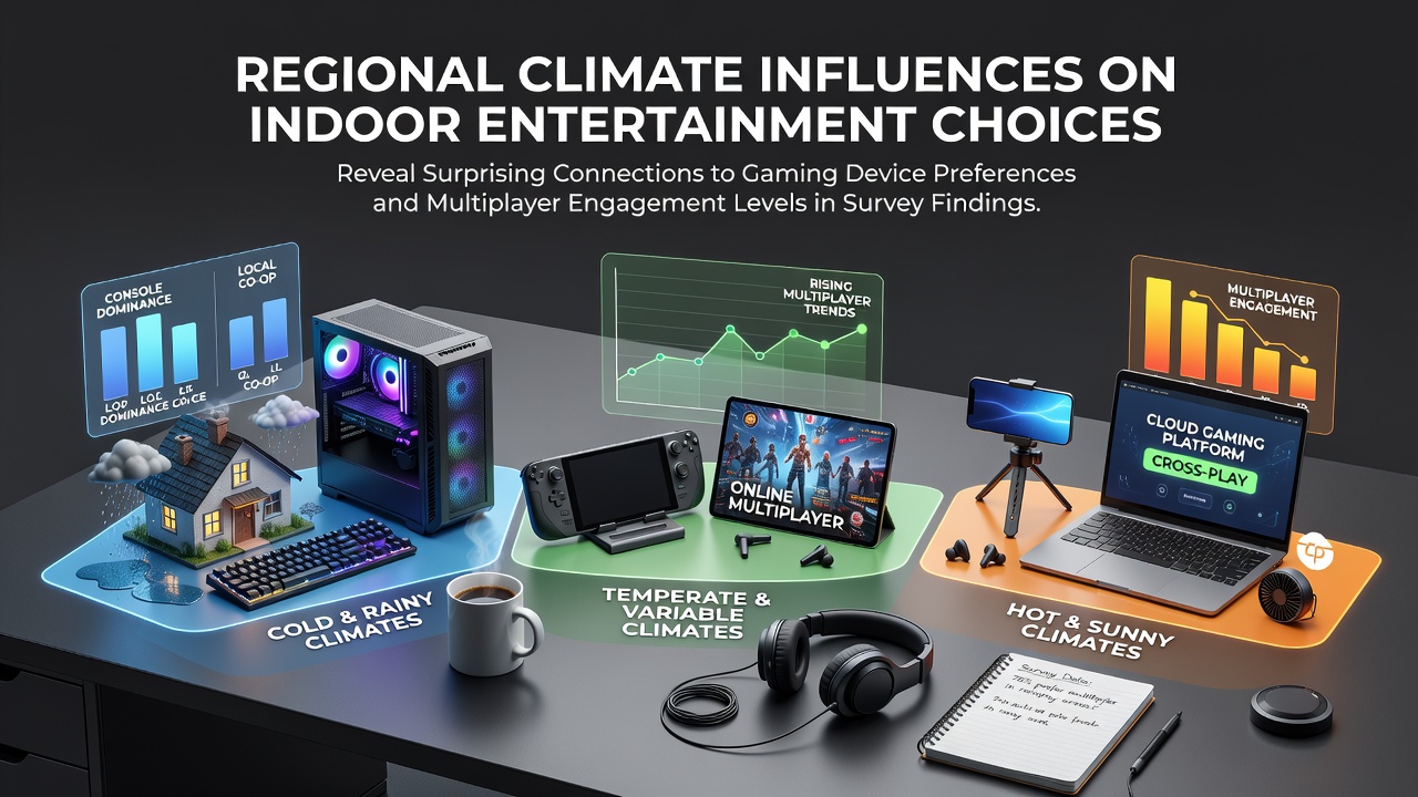 Regional climate patterns and indoor gaming setups showing device preferences across different weather zones