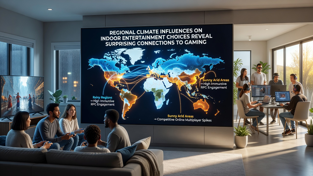 Survey charts displaying multiplayer engagement levels by climate region and device type