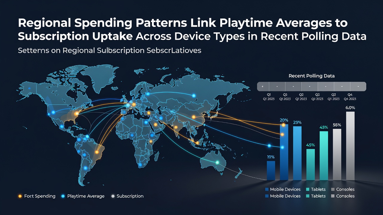 Infographic displaying regional gaming playtime averages alongside subscription rates for consoles, PCs, and mobile devices from June 2026 polling data