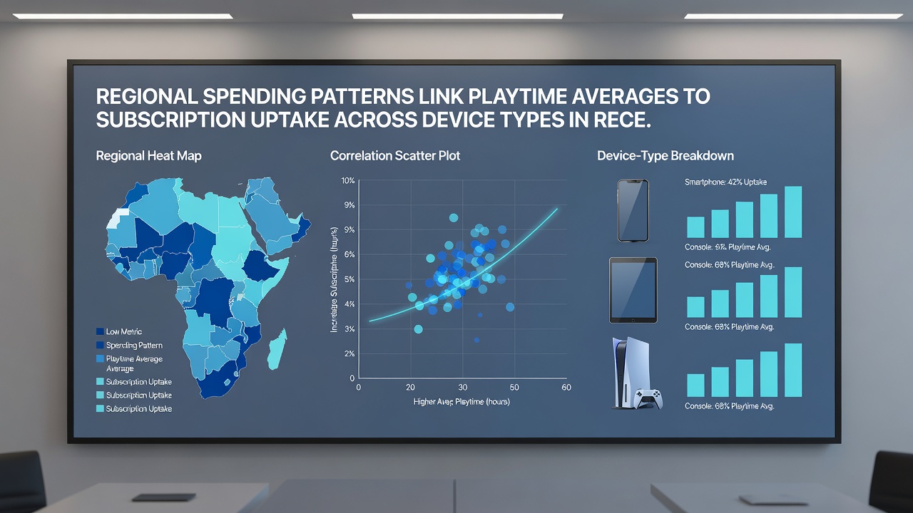 Bar charts comparing subscription uptake rates on mobile, console, and PC devices across North America, Europe, East Asia, and Latin America based on June 2026 survey responses