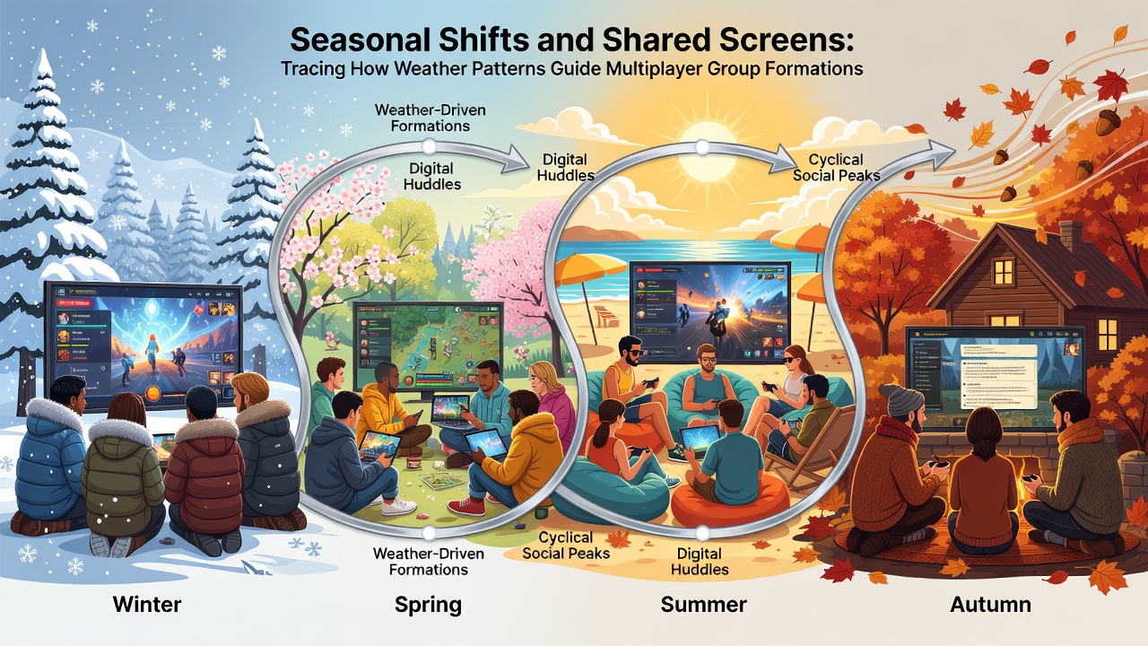 Charts illustrating seasonal weather impacts on content acquisition rates and multiplayer lobby densities from aggregated 2026 community surveys