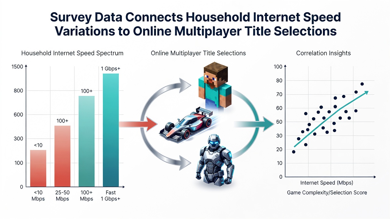 Charts displaying multiplayer game selections and spending breakdowns segmented by internet speed brackets