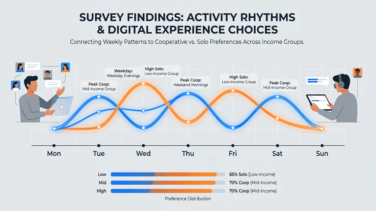 Survey chart showing weekly activity patterns linked to cooperative and solo gaming preferences by income level