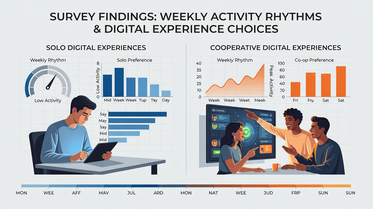 Infographic illustrating income group differences in weekly gaming mode selections tied to activity schedules