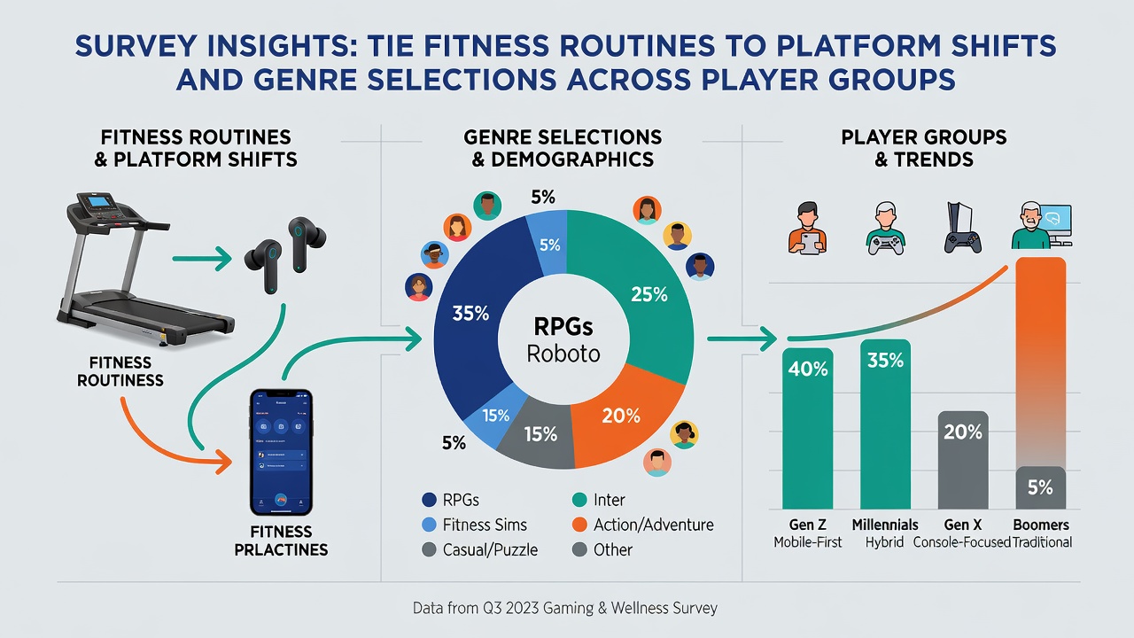 Infographic illustrating connections between player fitness routines, genre choices, and platform usage