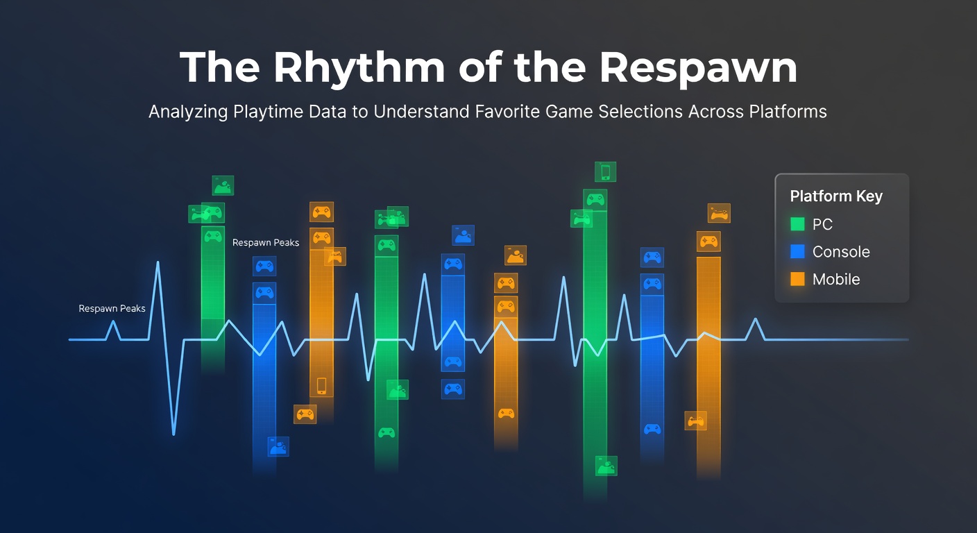 Infographic showing playtime distribution across PC, console, and mobile platforms with color-coded bars for different game genres and average session lengths in hours