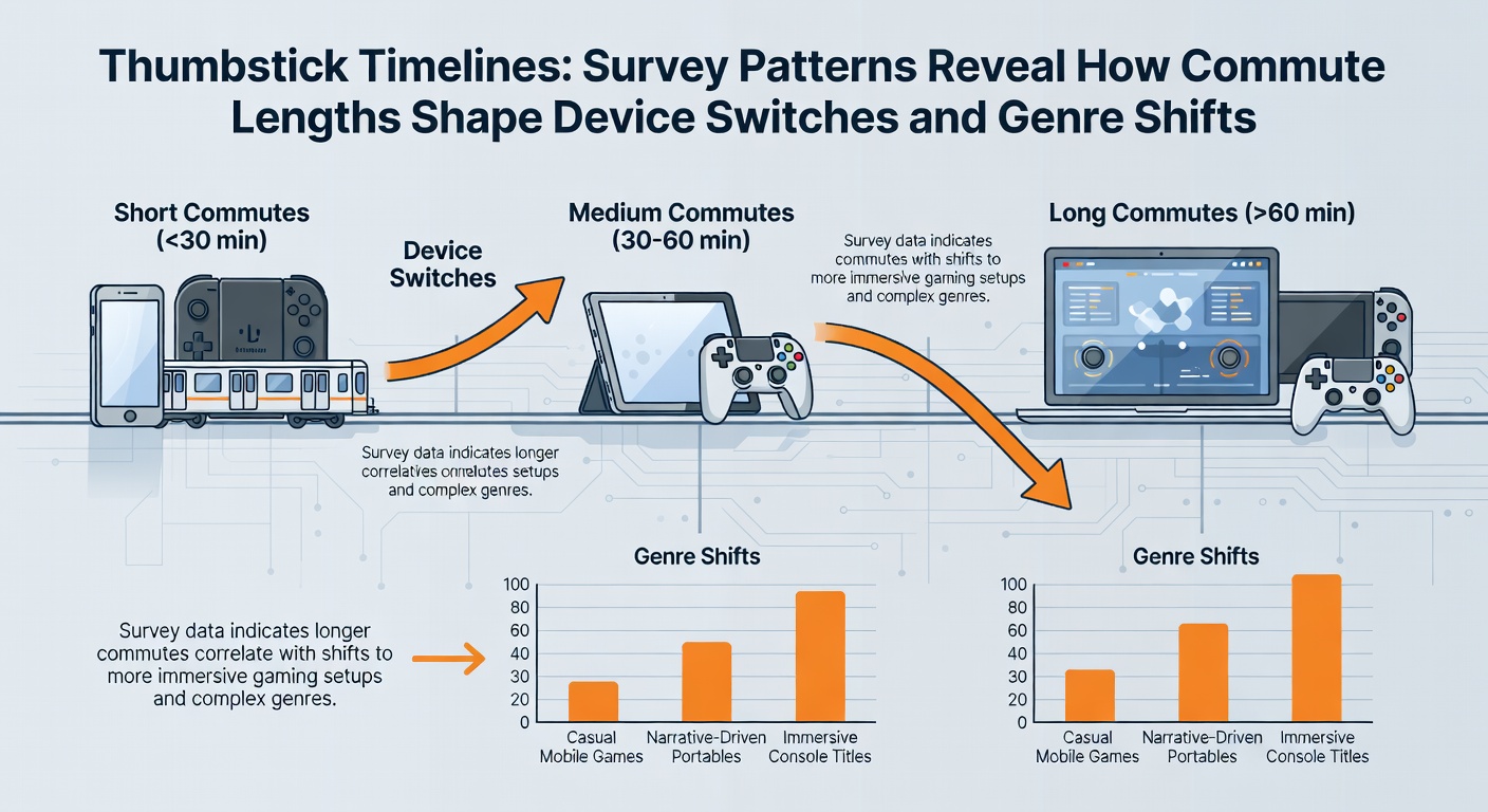 Infographic mapping multiplayer genre popularity against average daily commute times from 2026 survey results