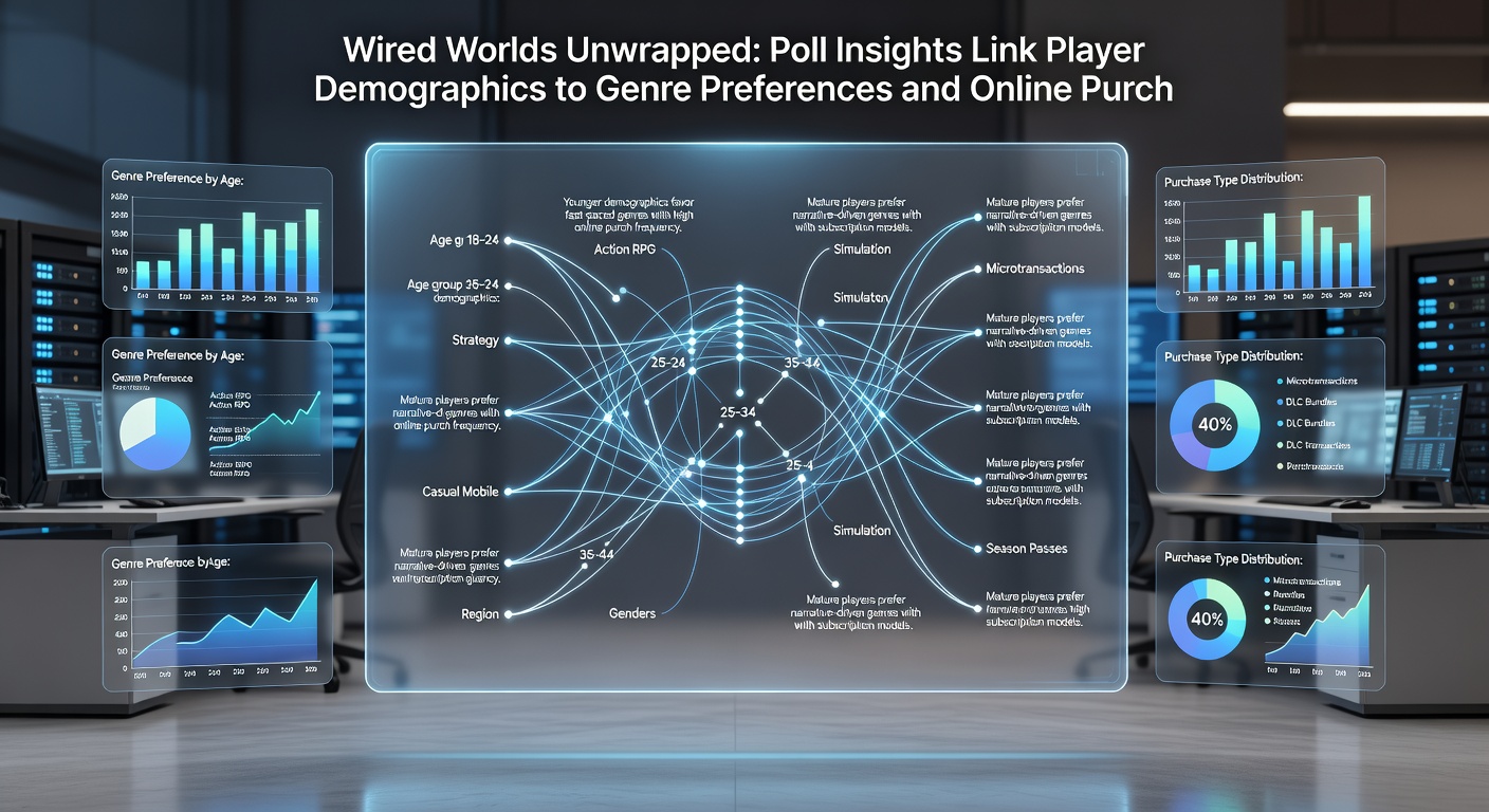 Interactive poll graphs illustrating how income, location, and age influence online game purchases and genre choices