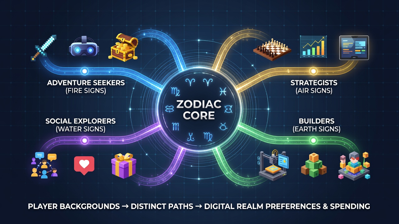Chart displaying spending cycle peaks aligned with zodiac groupings and preferred digital content types